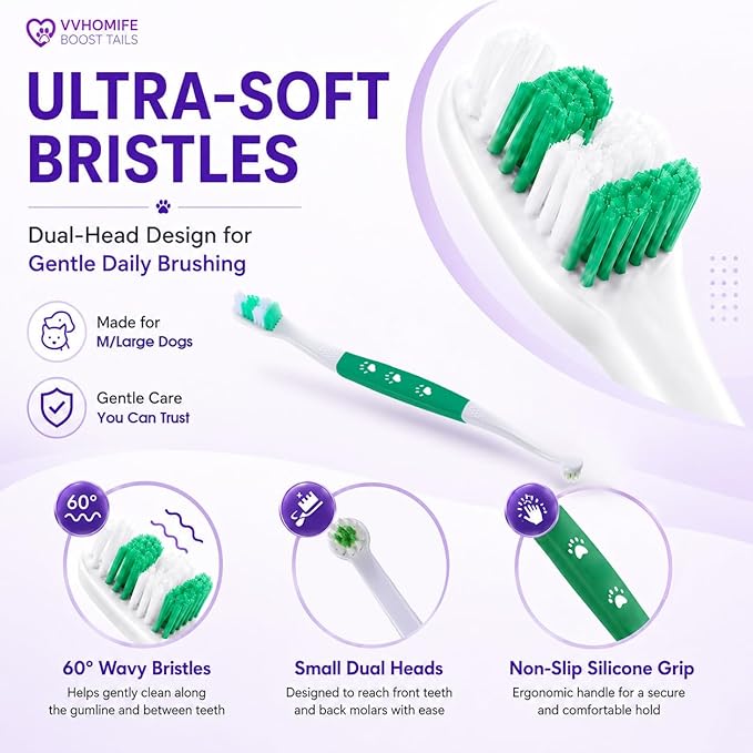 Dog Toothbrush – Newly Upgraded Dual-Head Design with 60° Wavy Bristles – Gently Surrounds Teeth for Deep Cleaning and Plaque Removal – Non-Slip Handle, Ideal for Daily Pet Dental Care (Green, 6-Pack)