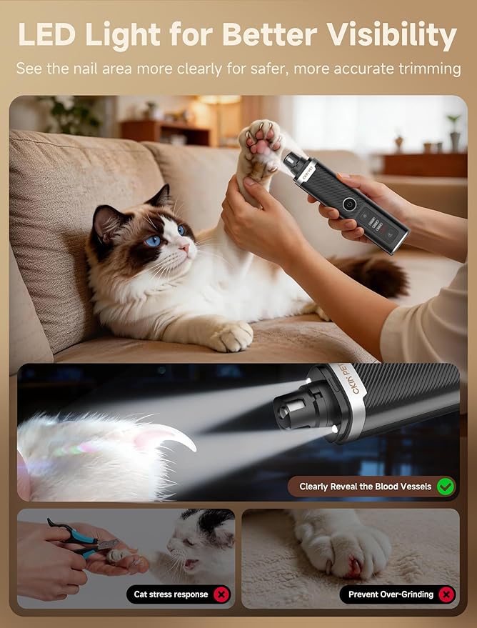 Dog Nail Grinder, Quiet Electric Dog Nail Trimmer with 2 LED Lights, 3-Speed Pet Nail Grinder for Dogs & Cats, Rechargeable 2000mAh Nail Grinder for Small Medium Large Dogs with Light, Black