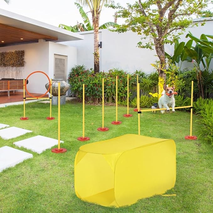 anwickjeff 4-Piece Dog Agility Training Equipment with Tunnel, Hurdle Bar, Hoop, Weave Poles, and Easy Carry Case,Obstacle Course for Dogs Backyard Competitive (Yellow, 4 Piece)