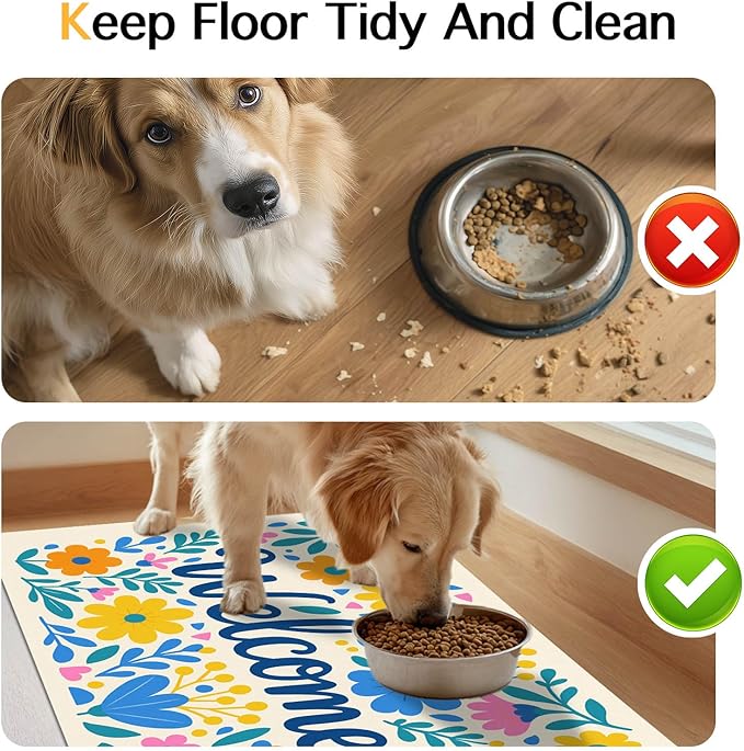 HOMETITUTE Daisy Flower Pet Food Mat 20" x 12" Welcome Sign Pet Feeding Mat Non Slip Mats for Dog Food and Water Bowls Easy Clean Fast Dry Placemat for Cat Food Mats for Indoor Trendy Pet Accessories