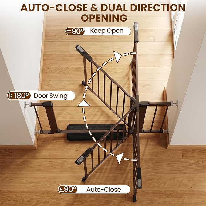 Baby Gate for Stairs, 29.7-40.6" Auto Close Dog Gate Indoor for Doorways, Dual-Lock Design, Extra Wide Pet Gate No Drilling with Walk Thru Door for Hallways, Stroller Friendly, Brown