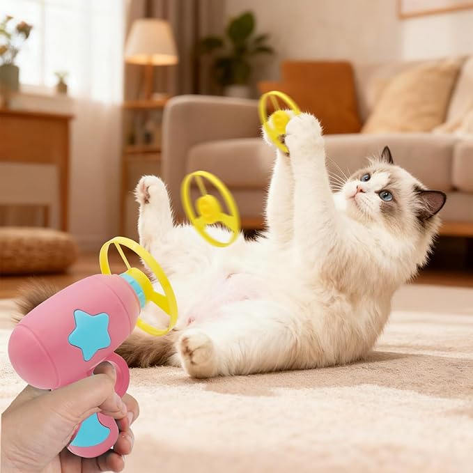 Andiker Cat Fetch Toy, Interactive Kitten Flying Disc Launcher Toy with 5 Colorful Flying Propellers for Cat Enrichment, Flying Saucer Toy for Cats for Training and Chasing (Blue+Pink(10pcs))