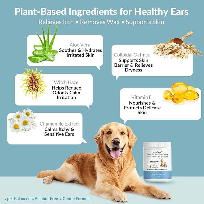 Dog Ear Finger Wipes for Dogs & Cats, Removes Ear Wax & Buildup, Better Than Ear Drops, Larger No-Slip Finger Fit for Better Control, Aloe Vera & Witch Hazel, Gentle for Sensitive Ears - 50 Count