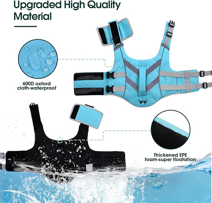 Kuoser Dog Life Jacket with Reflective Stripes, Dog Life Vest for Swimming Boating, Adjustable Pet Lifejackets with High Flotation, Doggie Swimsuit for Small Medium Large Dogs