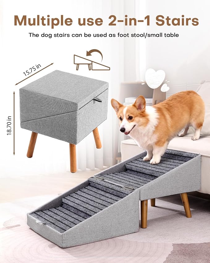 17.13" H Split Ottoman Dog Ramp for Couch and Bed, Non Slip Dog Stairs for Small Medium Large Dogs Cats Puppy, Joint Support 2 in 1 Foldable Wooden Pet Steps for Senior/Injured Dogs, Space Saving