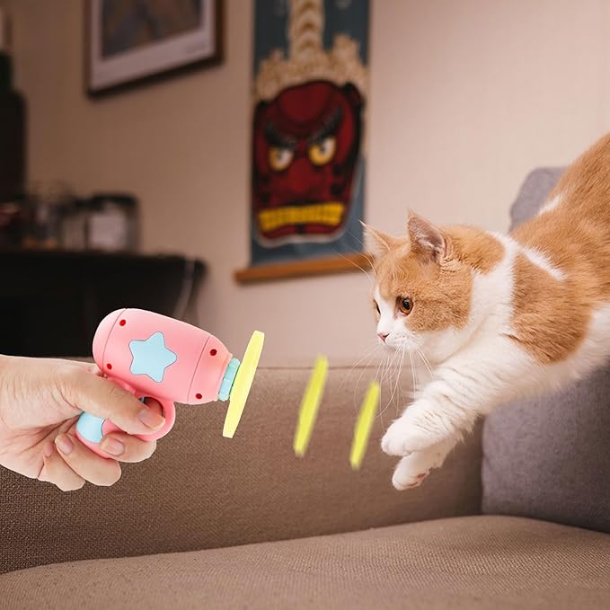 Andiker Cat Fetch Toy, Interactive Kitten Flying Disc Launcher Toy with 5 Colorful Flying Propellers for Cat Enrichment, Flying Saucer Toy for Cats for Training and Chasing (Blue+Pink(10pcs))