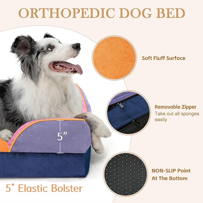 Comfort Expression Orthopedic Dog Bed for Extra Large Dogs 45x35 Inch, Waterproof Egg Crate Foam XL Pet Bed with Bolsters, Dog Couch with Washable Cover & Non-Slip Bottom, Orange Breeze