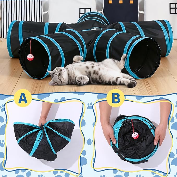 Pet Cat Tunnel, 5 Way Tunnels for Indoor Cats, Collapsible Pet Tunnel for Kitten, Puppy, Rabbit, 25cm-Wide Tunnels, Durable & Breathable, with Peek Hole Toy Ball