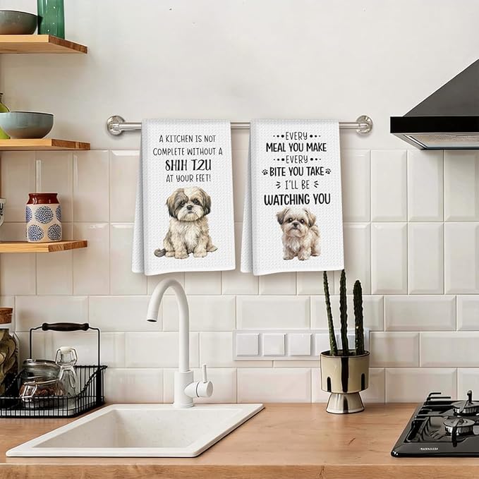 2Pcs Shih Tzu Accessories Kitchen Towels 24x14 Inch, Shih Tzu Gifts for Woman Mom, Reusable Waffle Weave Microfiber Absorbent Hand Tea Dish Towels for Kitchen Bathroom Decor, Dog Lovers Gifts