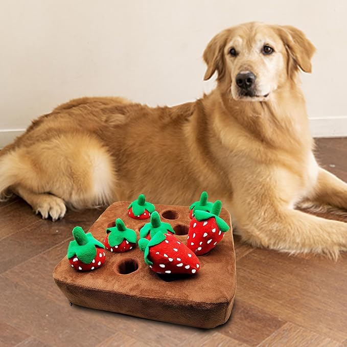 Snuffle Mat - Dog Strawberry Toy, Interactive Play Rug, Soft Plush Vegetable Field Design, Chew Resistant Training Mat | Fun Chewing Toy for Dogs, Pet Enrichment Game, Indoor Activity Pe