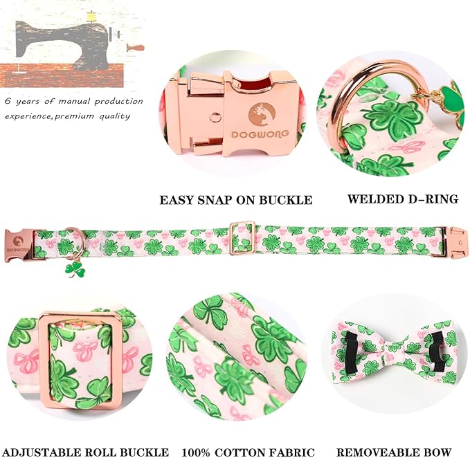 DOGWONG St. Patrick's Day Shamrock Dog Collar with Bow,Pink Green Four Leaf Clover Pattern Dog Collar, Adjustable Durable Soft Collars Irish Gift for Male Female Dogs,L