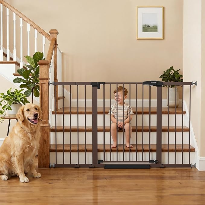 Mumeasy 29.7-57" Extra Wide Baby Gate, Auto Close Large Dog Gate for Doorways, No Drilling Pressure Mounted Pet Safety Gate for Stairs, Easy Walk Through Child Gate for Hallways, House, Indoor, Brown