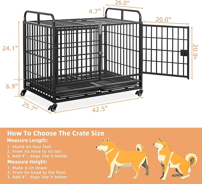 Lauren&Harold Heavy Duty Dog Crate for Medium/Small Dogs, Metal Dog Kennel Indoor with Top Door&Feed Door, Easy-to-Clean Dog Cage with Removable Tray&Wheels (42" L x27.5 W x 33" H(Medium))