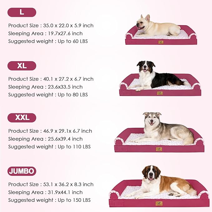 Orthopedic Dog Bed - Breathable Egg-Crate Foam Sofa Couch with Bolster, Water-Resistant Liner & Washable Rose Velvet - Ideal for Corgis, French Bulldogs, Rose Pink, L (35'' x 22'')