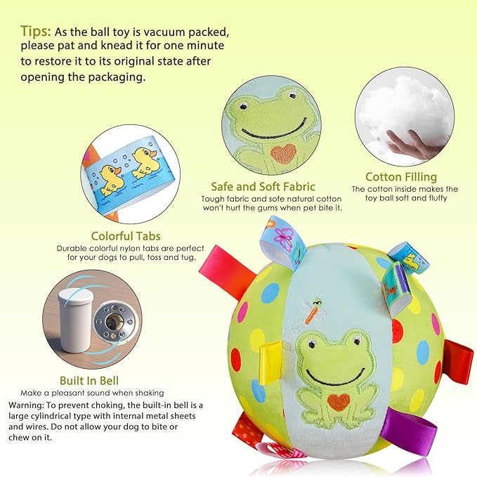 Letalong Dog Squeaky Plush Toy with Straps, 6-Inch Soft Stuffed Ball with Cotton Material and Bell Built-in, Pet Interactive Fetch Toy for Small to Large Dog