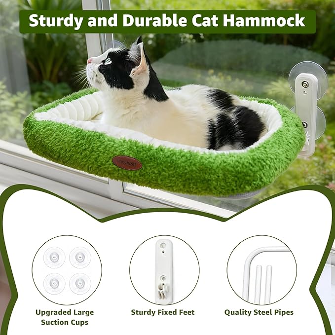 Woochpet Cat Window Perch，Cordless Foldable Cat Hammock Bed for Window with Solid Metal Frame and Ultra Soft Machine Washable Bed with 4-Sided Bolster, 4 Strong Suction Cups Window Resting Seat