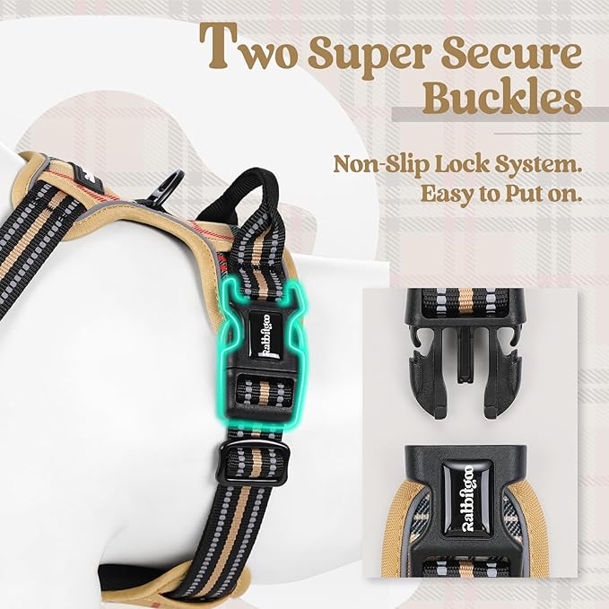 rabbitgoo Dog Harness No Pull with 2 Leash Clips, Adjustable Soft Padded, Reflective Oxford No Choke Pet Vest with Easy Control Handle for Large Dogs, Beige Plaid, L