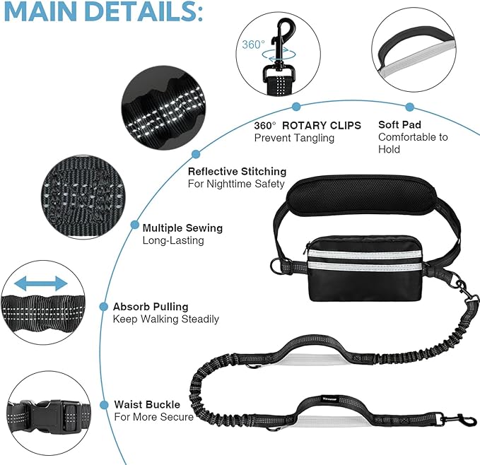 Hands Free Dog Leash with Pouch, Double Leash for Two Dogs, Retractable Bungee with Double Padded Handles, Dog Waist for Dog Walking,Dog Walking Accessories,Black Grey