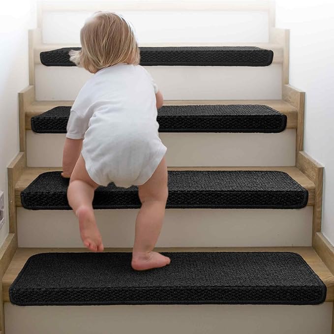 Brakki Bullnose Carpet Stair Treads, Non-Slip Treads for Wooden Steps Indoor, Soft Stair Rugs for Pets, Edging Protectors, Washable, 29.5"x9.5"x1.5" 7pcs, Black