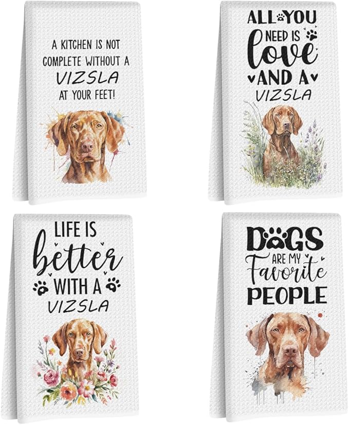 4Pcs Cute Vizsla Kitchen Towels 24x14 Inch, Vizsla Gifts for Woman Mom, Reusable Waffle Weave Microfiber Absorbent Hand Tea Dish Towels for Kitchen Bathroom Home Decor, Dog Lovers Gifts, Pet Owners