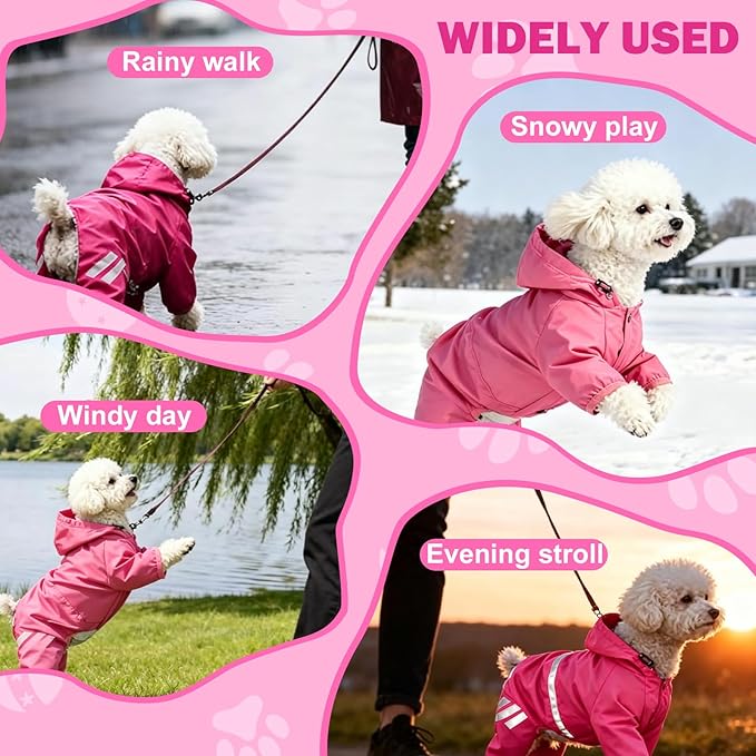 Dog Raincoat Waterproof Windproof Full Body Pet Jacket, Adjustable Reflective Puppy Rain Suit with Leash Hole, Lightweight Foldable Dog Coat for Small Medium Dogs(Pink, Large)