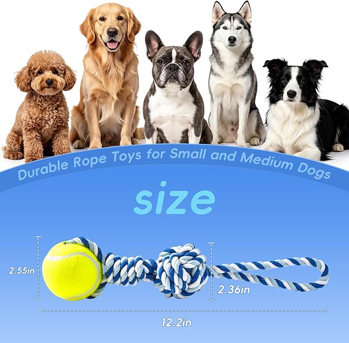 Interactive Tug of War Rope Toy for Medium & Small Dogs - Outdoor Tether Tug Toy with 1 Knot & Tennis Ball, Puppy Teething Chew Cotton Toy