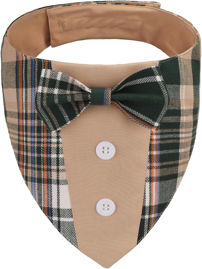 ADOGGYGO Brown Dog Tuxedo, Plaid Pet Bowtie Collar, Adjustable Brown Plaid Bandana for Large Dogs (L)