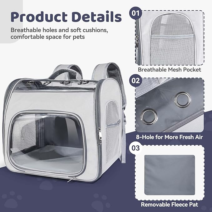 Cat Soft-Sided Carrier Backpack, Breathable Mesh Foldable Pet Travel Carrier with Reinforced Support, Portable Puppy Carrying for Kitty Up to 15lbs (Grey)