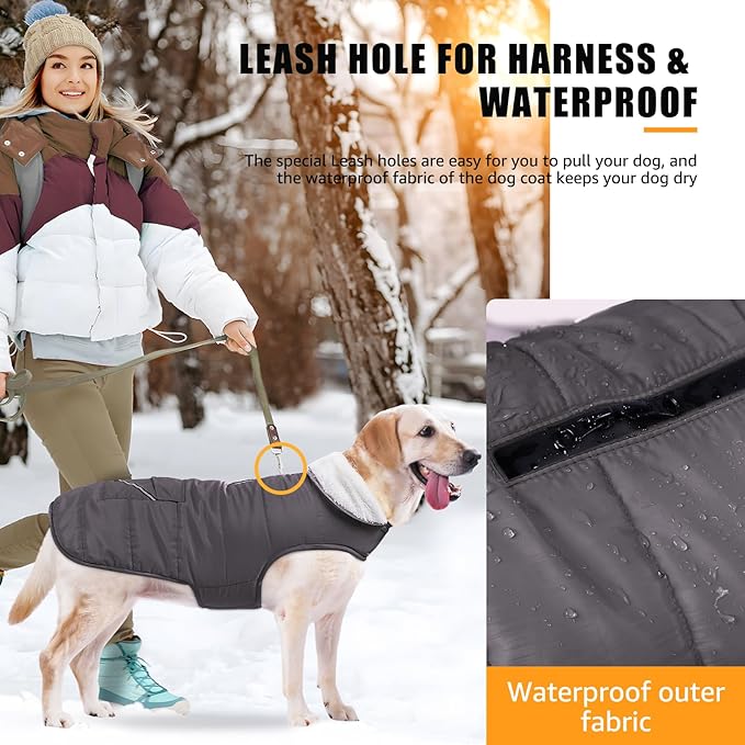 Dog Winter Jacket for X-Large Dogs, Easy on Dog Snow Coat Velcro Waterproof Pet Puffer Coat with Harness Hole Adjustable Reflective Quilted Pet Cold Weather Vest Wind-Poof for Boy Male