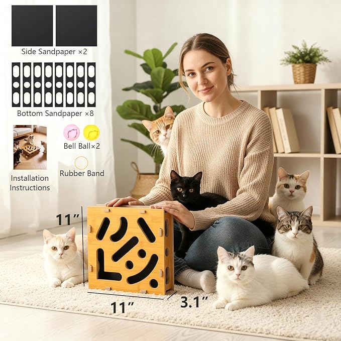 Cat Nail File Scratcher, Cat Claw Saver Box with Replaceable Sandpaper, Stress-Free Nail Care, Interactive Maze Scratcher with Bell Ball for Indoor Cats