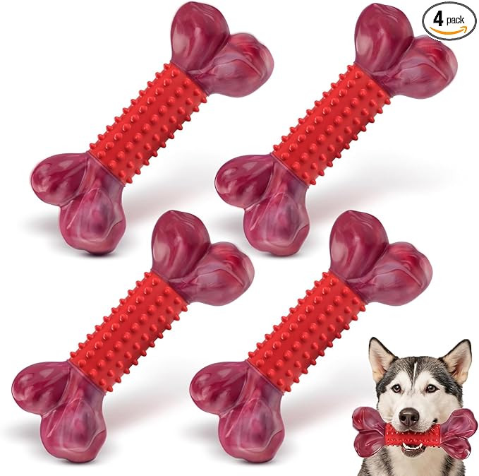 4-Pack Tough Dog Toys for Aggressive Chewers: Beef Flavored Long Lasting Dog Bones for Large Dogs, Heavy Duty Nylon & Rubber Dog Chew Toys to Keep Them Busy, Medium & Large Breed, Red