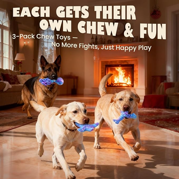 3 Pack Indestructible Dog Chew Toys for Aggressive Chewers: Ultra-Dense Nylon, Bacon Flavor Chew Bones, Heavy Duty Tough Toys for Large Dogs 20-90 lbs, Long Lasting & Keep Them Busy (XL Ocean)