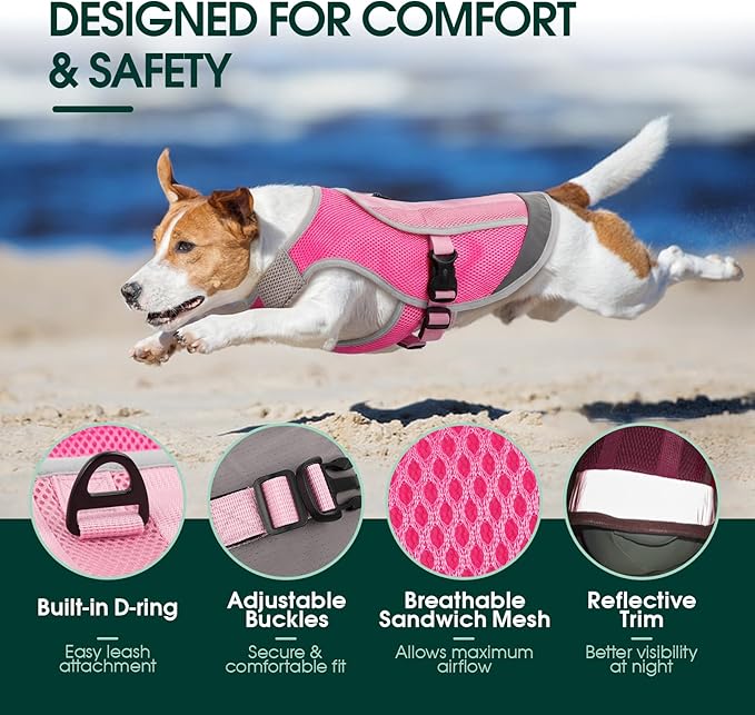 Kuoser Dog Cooling Vest for Dogs, Lightweight Dog Cooling Harness Shirt with Reflective Stripe, Breathable Mesh Cooler Jacket Pet Cool Vest for Small Medium Large Dogs Summer Hot Weather, Pink L