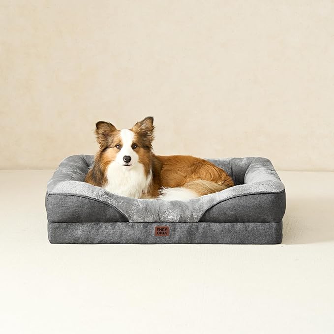 EHEYCIGA Orthopedic Dog Bed for Large Sized Dog, 41x27 Inch Large Memory Foam Dog Couch Bed with Sides, Waterproof Liner & Washable Removable Cover, Bolster Pet Sofa, Grey