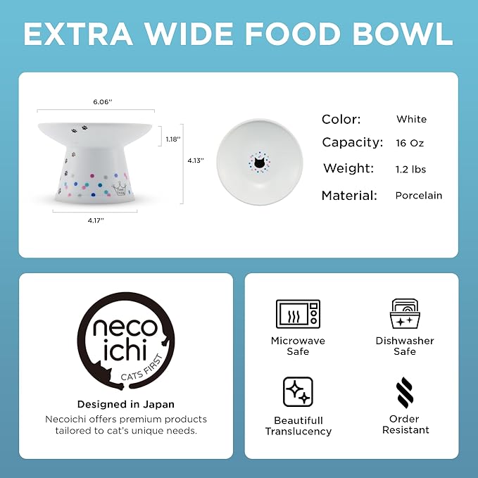 Necoichi Elevated Cat Food Bowl, Ceramic (Porcelain), Whisker-Friendly, Dishwasher & Microwave Safe, Non-Slip Silicone Base, Anti-Vomiting & Neck Fatigue (Colorful Dots, Extra Wide, 2-Cups Capacity)