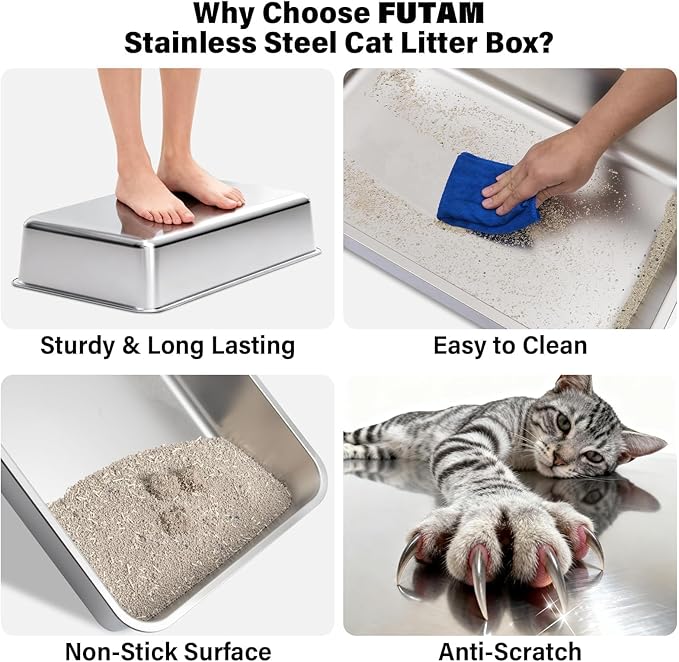 2PACK Stainless Steel Litter Box, Large Metal Cat Litter Box with High Sides Lid, Anti-Urine Leakage, Non-Sticky, Scoop and Mat Included
