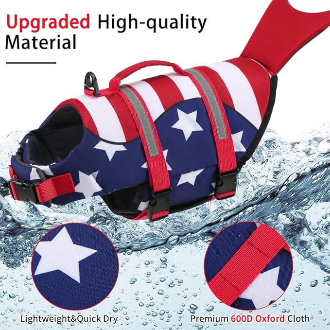 EMUST Dog Life Vest for Swimming, Ripstop Medium Dog Safety Preserver for Pool Beach Boating (M,StripMermaid)