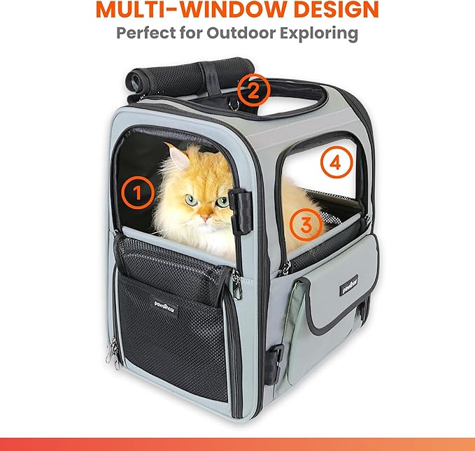 Crash-Tested Multi-Window Cat Backpack Carrier & Small Dog Car Seat | CPS Certified for Crash Protection & Safe Pet Travel | 4 Windows for Exploring, 4-Side Breathable, Zipper Lock, Foldable