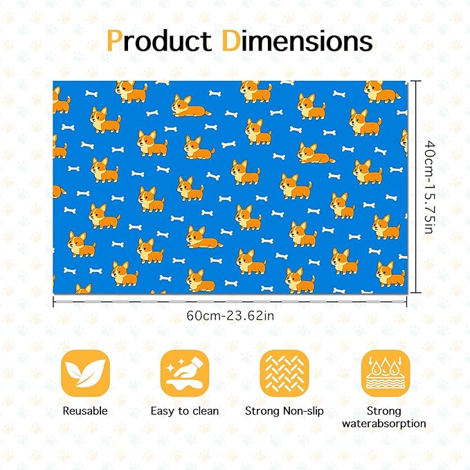 HOMETITUTE 24x16 inch Cute Corgi Design Non Slip Pet Food Mat Dog Bowl Placemat for Food and Water Small Pet Bowl Mats Cat Food Mats Easy to Clean Feeding Mat for Small Pets