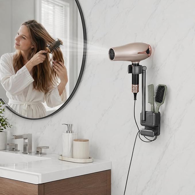Hands Free Hair Dryer Holder Wall Mount, No Drill Installation, Damage-Free Wall, Adjustable Arm, With Cord Storage，Storage Slot，For Home & Hotel Bathroom, Bedroom Vanity, Fits Most Hair Dryers (Gray)