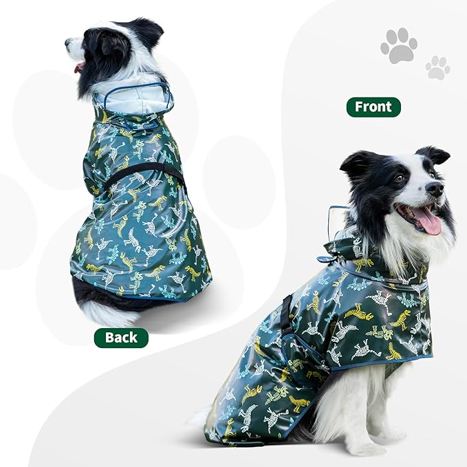 Dog Raincoat, Waterproof Windproof Dog Rain Jacket with Hood, Rain Coat with Leash Hole, Adjustable Raincoat Poncho for Small Medium Large Dogs Outdoor (Green, M-)