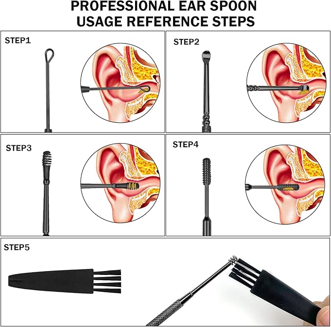 Hion 6 Pcs Ear Wax Removal Kit,Professional Double-Headed Ear Pick Earwax Removal Tools,316L Stainless Steel Ear Cleaner Curette with Cleaning Brush and Storage Box,Suit for Kid Adult(Black)
