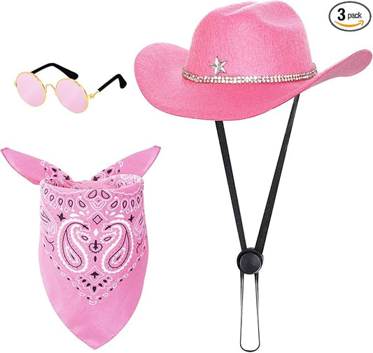 3 Pcs Pet Cowboy Costume Cowboy Hat Bandanas with Sunglasses for Cats and Dogs for Halloween Christmas Holiday Party Cosplay (Pink)