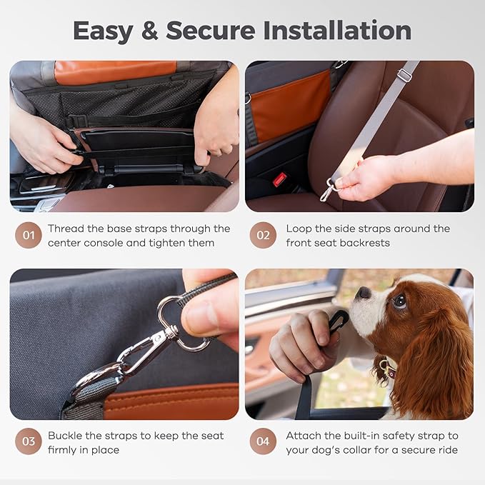 Avont Center Console Dog Car Seat for Small Dogs & Cats, Booster Car Seat with Double Safety Straps, Soft Padded Armrest Travel Carrier with Storage Pockets, Calming Design -Dark Grey