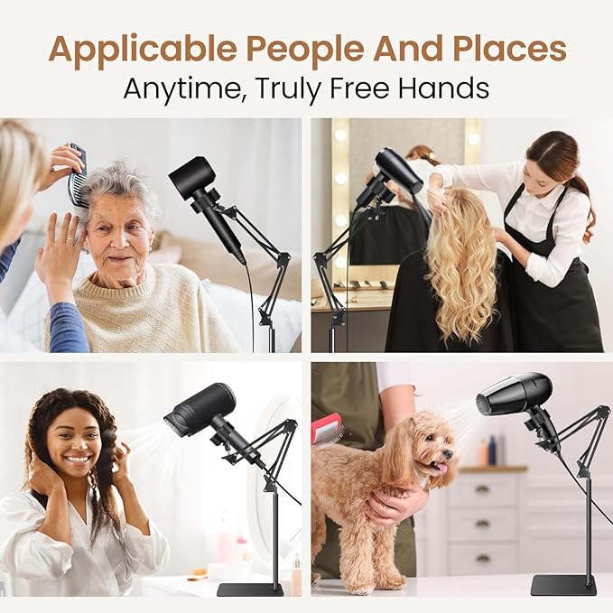 Hands Free Hair Dryer Stand, 67in / 170cm Adjustable Height Hair Dryer Holder with Heavy Base, 360° Rotating Blow Dryer Holder for Bathroom, Makeup Room, Vanity, Salon, Black