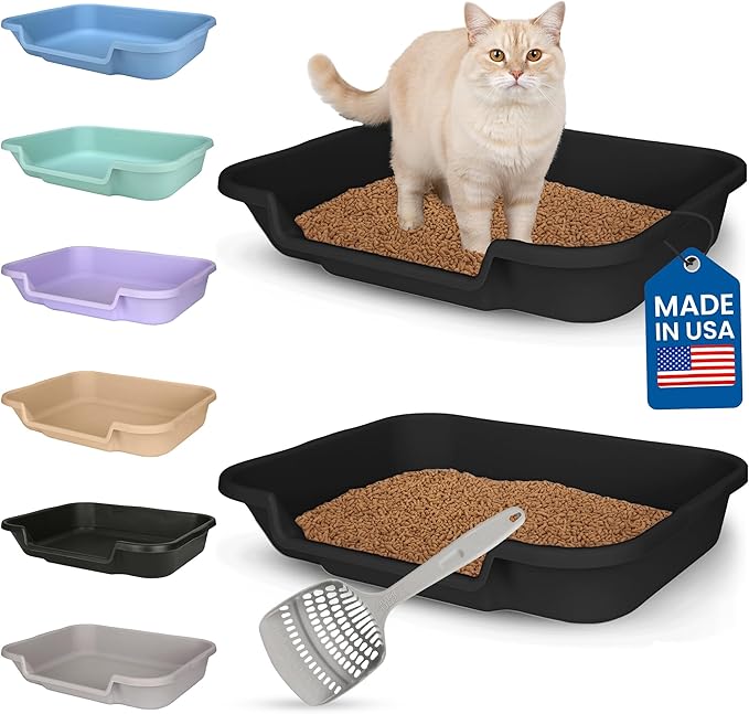 KittyGoHere Senior Cat Litter Box, Large Litter pan with Long-Handle Jumbo Scoop, Open Top Low Entrance Kitty Litter Box, Lightweight Low Entry Litters Box, Durable, Made in USA (2 Pack - Black)