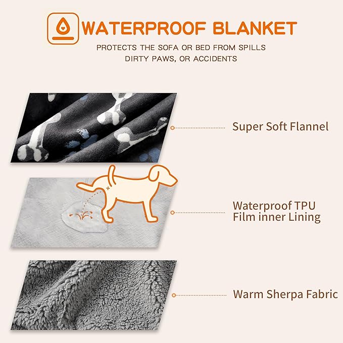 Waterproof Dog Blankets Pet Blanket 50"x60", Soft Fluffy Sofa Car Bed Protector, Reversible Sherpa Fleece Dog Blanket for Large Dogs(Navy Paws)