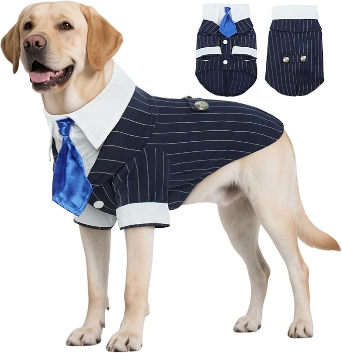 DENTRUN Navy Blue Dog Tuxedo - Formal Pinstripe Pet Suit Shirt with Satin Tie, Elegant Wedding Outfit Birthday Party Attire for Golden Retriever Husky Border Collie Large Dogs (Polyester), XXXL