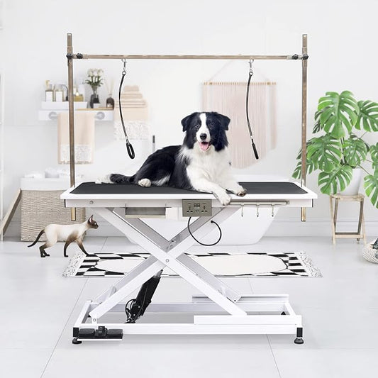 49.6” Professional Pet Grooming Table, Modern Style, Adjustable Height, Sturdy & Stable, Up to 330LBS, White, Alloy Steel