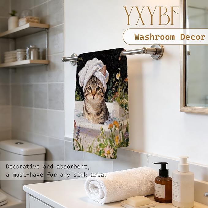 Funny Tabby Cat Hand Towels for Bathroom Washroom Spa Decor 16x24 Inches, Cat Lover Mom Lady Gifts, Floral Kitty Bathroom Hand Tea Towels Decorative